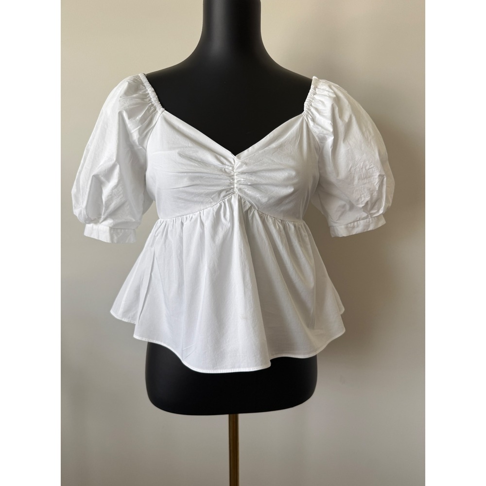 English Factory White Peplum Babydoll Top Sweetheart Neck Smocked Back XS